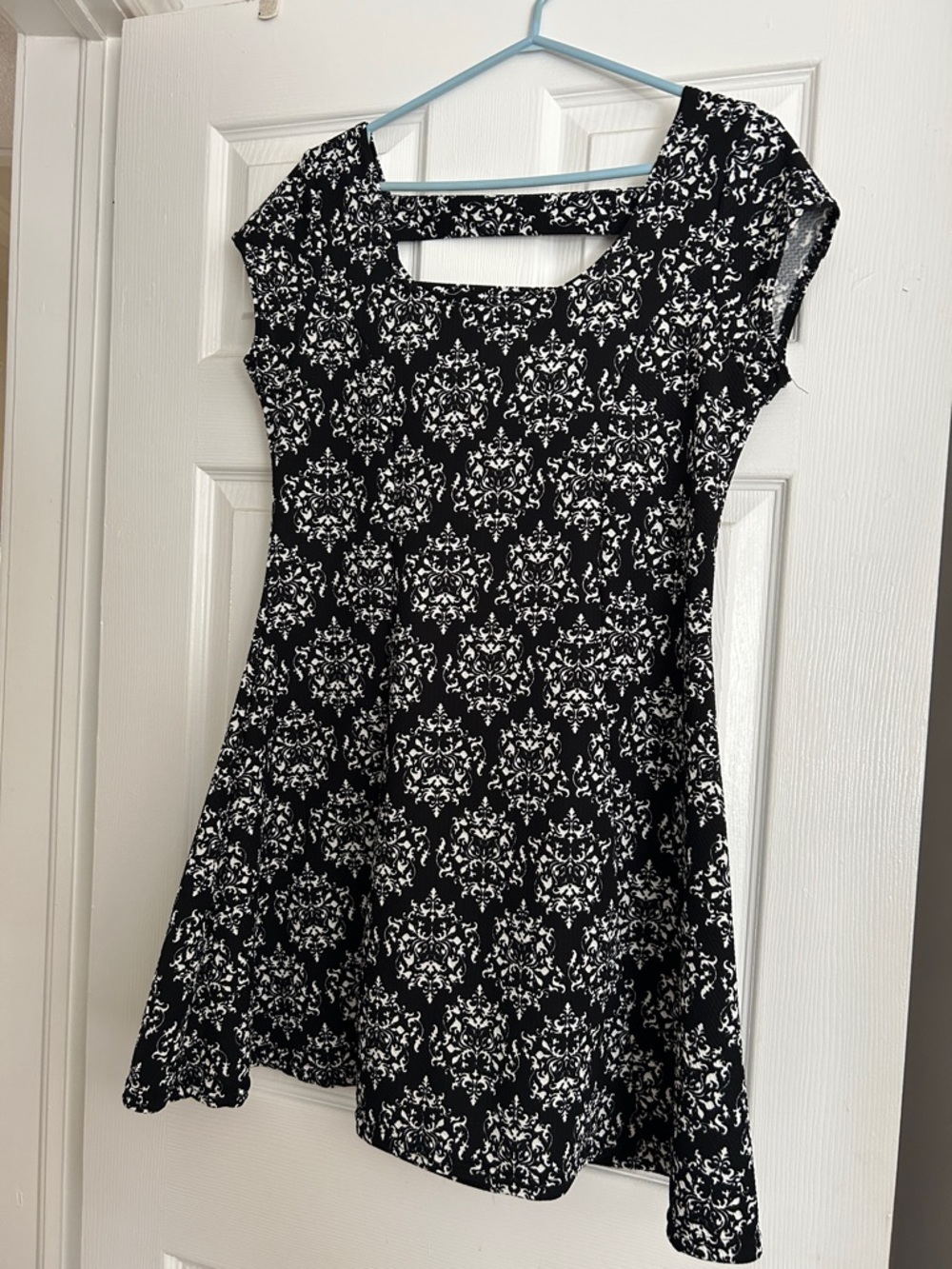 Black and White Damask Fit-and-Flare Mini Dress